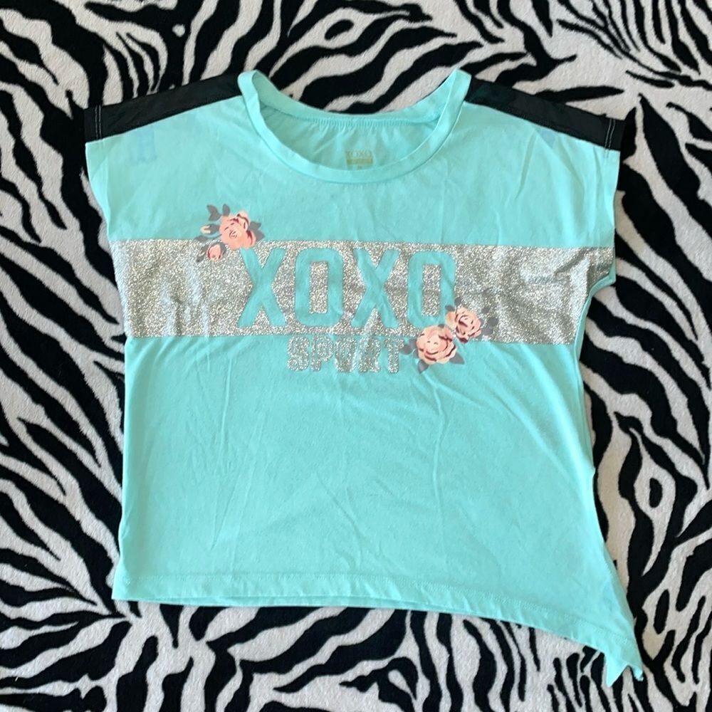 Xoxo sport little girls roses teal silver glitter mesh shoulder shirt sleeve top